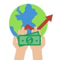 Money on the palm. Global economy world savings icon