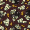 Money pattern with cast iron cauldron full of cash money in vintage style Royalty Free Stock Photo