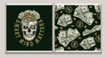 Money pattern, label with skull,100 dollar bills