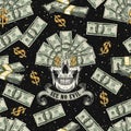 Money pattern with skull with fan of dollar bills