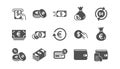 Money and payment icons. Cash, Wallet and Coins. Classic icon set. Vector