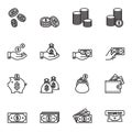 Money and payment icons. Wallet and Coins. Cash and dollar vector linear icons set.