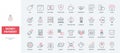 Money payment, investment, financial trend analysis thin black and red line icons set