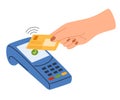 Person pays for a purchase by credit or debit card. Buyer paying on contactless terminal. Royalty Free Stock Photo