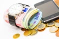 Money, phone and watch Royalty Free Stock Photo