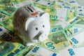 Money pig on the background of money bills of 100 euros, c left angle view on piggy bank close-up Royalty Free Stock Photo