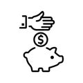 Money in the piggy bank, black line icon. Hand putting coin into a piggy bank. Royalty Free Stock Photo