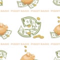 Money. Piggy bank. Dollars signs, gold coins. Money pattern. Falling money isolated on white background. Royalty Free Stock Photo