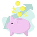 Money in piggy banks, money accumulation concept, pink pig with coins and an upward arrow on the background, growing savings and