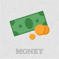 money pile. Stacked packs of dollar bills and gold coins isolated flat illustration. dollar design element for illustration Royalty Free Stock Photo