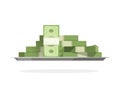 Money pile on tray vector illustration, flat cartoon paper cash big heap or stack, idea of giving loan or credit, prize