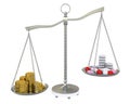 Money and pills in the gold balance scales Royalty Free Stock Photo