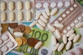 Money and pills. Medicine concept. Euro cash.