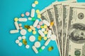 Money pills. Medicine pills on dollar bills on a blue background Covid-19 coronavirus pills are in one hundred dollar