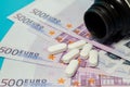 Money pills. Medicine pills on euro bills on a blue background. Covid-19 coronavirus pills are in euro money. The