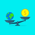 Money and planet earth on scales. Cartoon flat vector concept illustration isolated on blue background