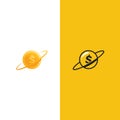 Money planet logo. Gold dollar coin in finance space.