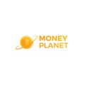 Money planet logo. Gold dollar coin in finance space.