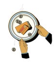 Money on a plate with a blue border. A man holds a plate of money in his hands. Income and dividends, humorous illustration