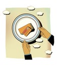 Money on a plate with a blue border. A man holds a plate of money in his hands. Income and dividends, humorous illustration