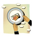 Money on a plate with a blue border. A man holds a plate of money in his hands. Income and dividends, humorous illustration