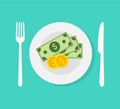 Money in plate. Saucer with payment. Gratuity concept. Cash payment. Flat design, vector illustration on background. Royalty Free Stock Photo