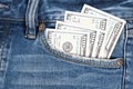 Money in pocket of blue jean. One hundred dollar bills in jean p