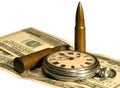 Money, pocket watch and bullets