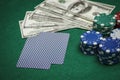 Money, poker chips and cards on the table Royalty Free Stock Photo