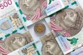 Money from Poland, 500 zlotys banknotes and a coin