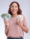 Money, portrait or happy girl with a piggy bank for financial wealth or savings on white background. Finance, investment Royalty Free Stock Photo