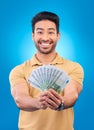 Money, portrait and man or winner with bonus offer, financial success and winning, finance loan or lottery fan. Young Royalty Free Stock Photo