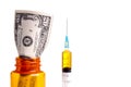 Money in a prescription Medicin Bottle Royalty Free Stock Photo