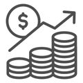 Money profit analytics line icon. Growth chart arrow, coins and dollar symbol, outline style pictogram on white Royalty Free Stock Photo