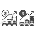 Money profit analytics line and solid icon. Growth chart arrow, coins and dollar symbol, outline style pictogram on Royalty Free Stock Photo