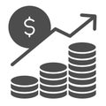 Money profit analytics solid icon. Growth chart arrow, coins and dollar symbol, glyph style pictogram on white Royalty Free Stock Photo