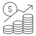 Money profit analytics thin line icon. Growth chart arrow, coins and dollar symbol, outline style pictogram on white Royalty Free Stock Photo