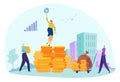 Money profit concept, vector illustration, flat tiny woman stand at coin stack, man person bring finance income at bag