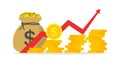 Money profit growth. Chart of revenue, margin. Graph of budget up. Investment finance - return of cash. Growth market and economy