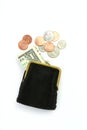 Money. Purse with one dollar and coins Royalty Free Stock Photo