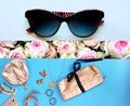Fashion set accessories  summer jewelry  women clothes  sunglasses  colorful pink blue red Royalty Free Stock Photo