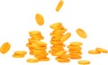 Money rain background with stacks of gold coins