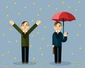 Money rain. Businessman with umbrella standing under rain of golden coins Royalty Free Stock Photo