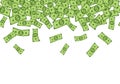 Money rain. Falling dollar banknotes seamless vector border, cartoon cash confetti. Banking, investment and financial