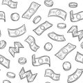 Money rain seamless pattern. Sketch dollar banknotes and coins, falling cash win lottery casino, financial luck Royalty Free Stock Photo