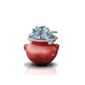 Money in red pot Royalty Free Stock Photo