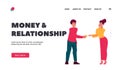 Money and Relations Landing Page Template. Man Paying Money To Woman. Husband or Friend Gives Credit Card To Wife