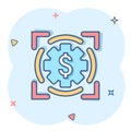 Money revenue icon in comic style. Dollar coin cartoon vector illustration on white isolated background. Finance structure splash