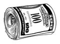 Money roll one hundred US dollars - vector illustration - Out line Royalty Free Stock Photo