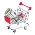 Money roll in shopping cart isolated on white. Dollar bills in trolley